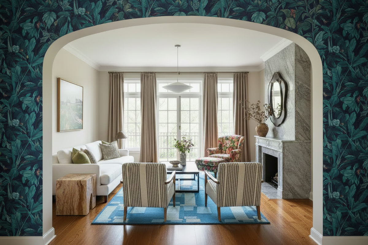 Living room with floral wallpaper, sofa, blue rug, chairs, and a fireplace.