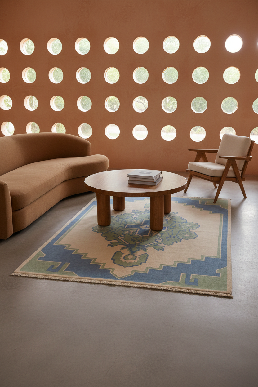 A styled interior scene showing a rectangular area rug with a blue, green, and cream geometric and floral pattern, placed on a gray concrete floor between a tan curved sofa and a mid-century modern armchair.