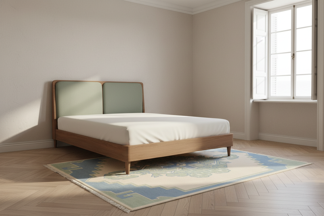 A mid-century modern wooden bed frame with dual sage green upholstered headboard panels, styled in a minimalist bedroom with light beige walls, a patterned blue and cream rug, and a large window.