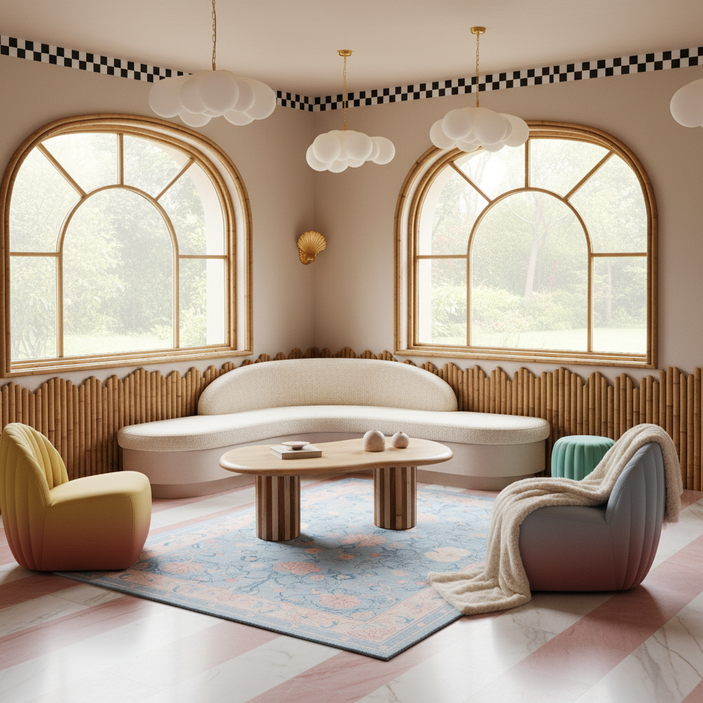 A beautifully styled retro-themed lounge room featuring a curved cream bouclé sofa, two modern armchairs in mustard yellow and muted blue-gray, a round wooden coffee table, a blue patterned area rug, and large arched windows with bamboo wainscoting.