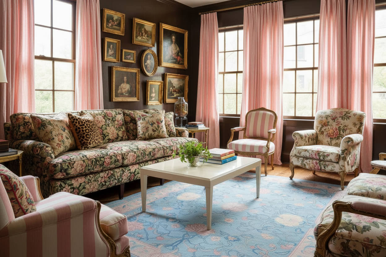 Living room with floral blue rug, furniture and pink curtains