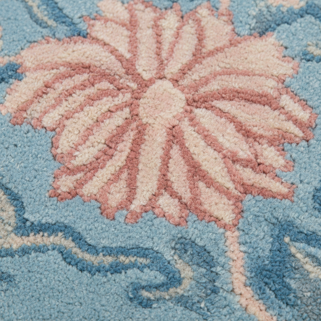 Close-up of a textured area rug featuring a large pink and cream floral motif on a light blue background.