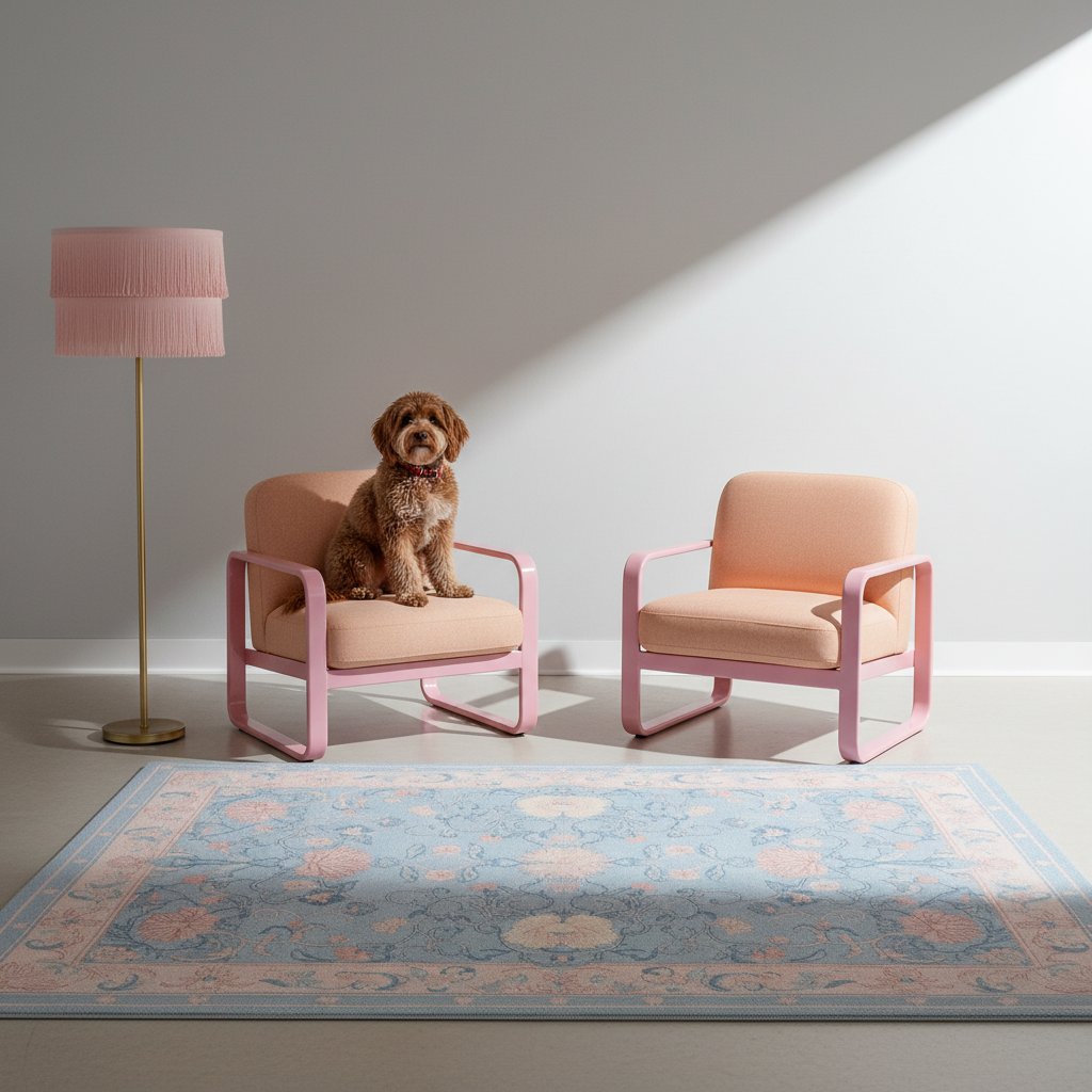 A small brown dog sits on one of two pink armchairs in a styled room with a patterned rug, a floor lamp, and strong diagonal sunlight on a light gray wall.