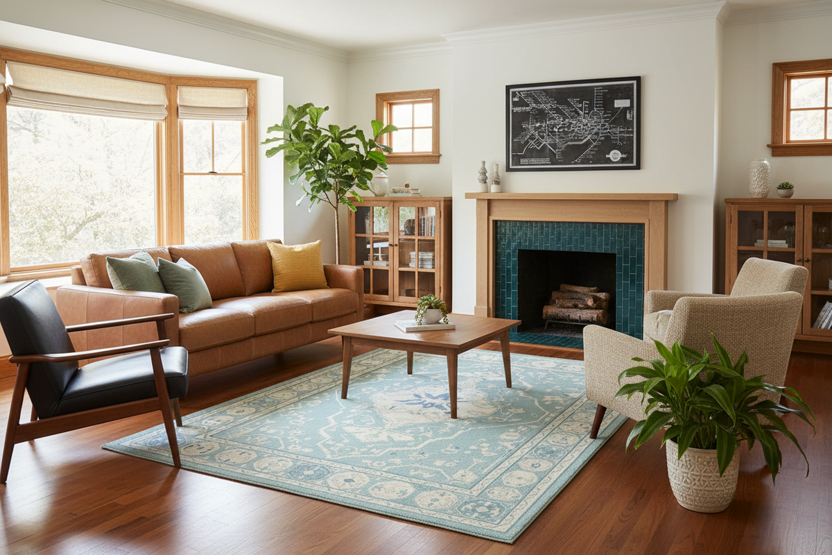 Living room with brown sofa, wooden coffee table, blue hand made rug, and fireplace.