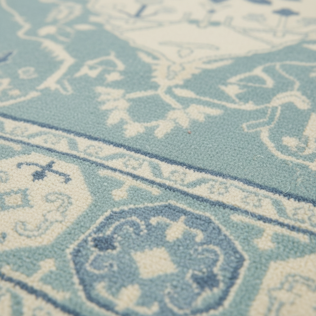 A close-up of a light blue and cream patterned rug with traditional medallion and floral motifs.