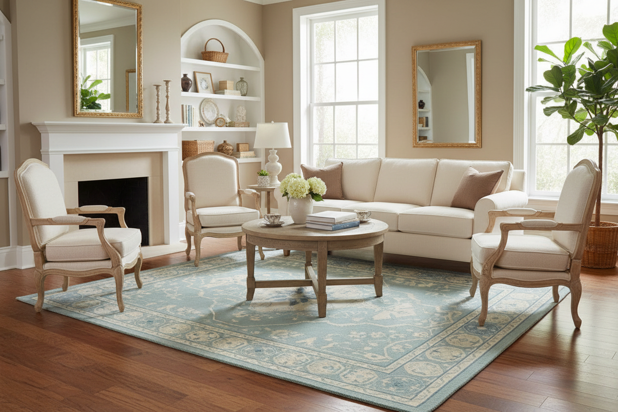 Living room with beige sofa, armchairs, and coffee table on a patterned blue rug.