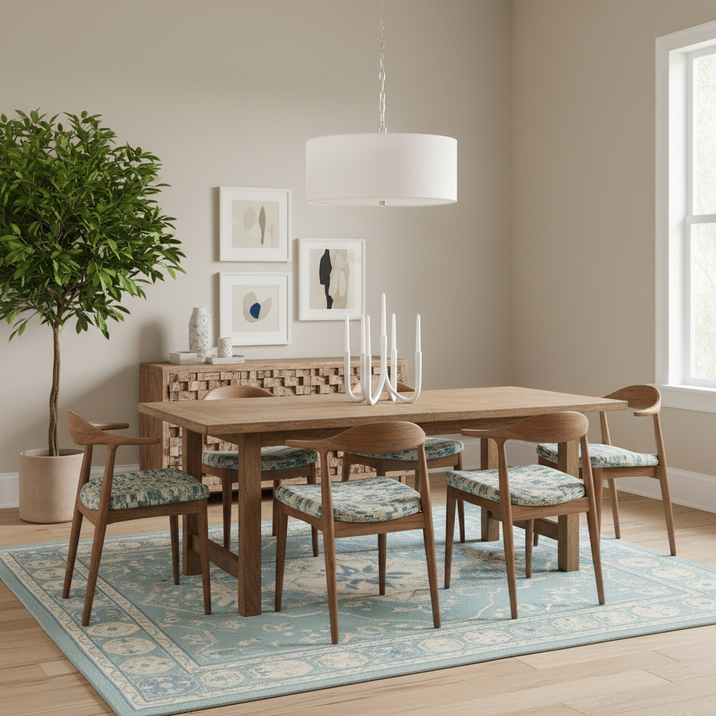 A dining room scene with a light wood rectangular table and six matching wooden chairs with blue floral upholstered seats, arranged on a pale blue patterned rug. A white drum pendant light hangs above, and the room has beige walls, framed abstract wall art, a sideboard, and a tall potted tree.