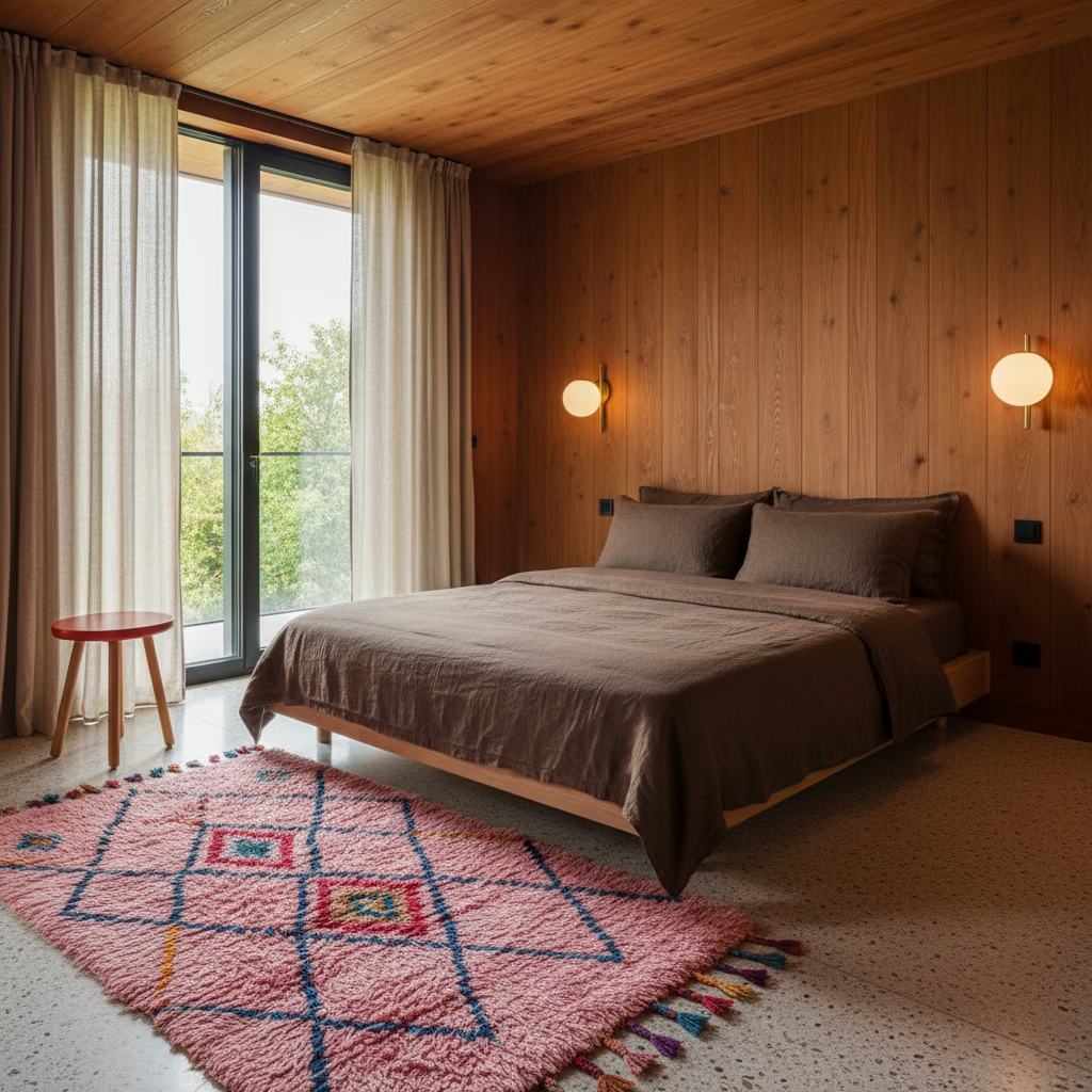 A modern bedroom with wood-paneled walls and ceiling, featuring a bed dressed in brown bedding, a pink patterned rug, a small wooden stool, and a large window with sheer curtains.