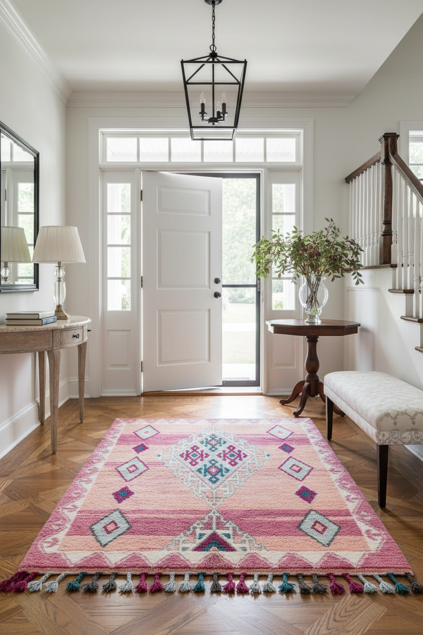 Decorative rug with geometric pattern on wooden floor in a home interior.