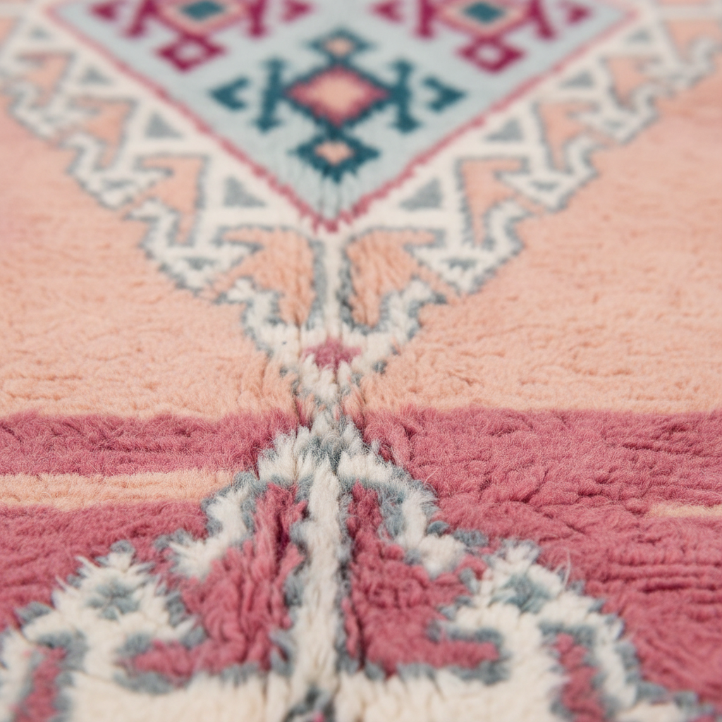 Close-up of a plush shag rug with a geometric pattern in dusty pink, cream, and teal.