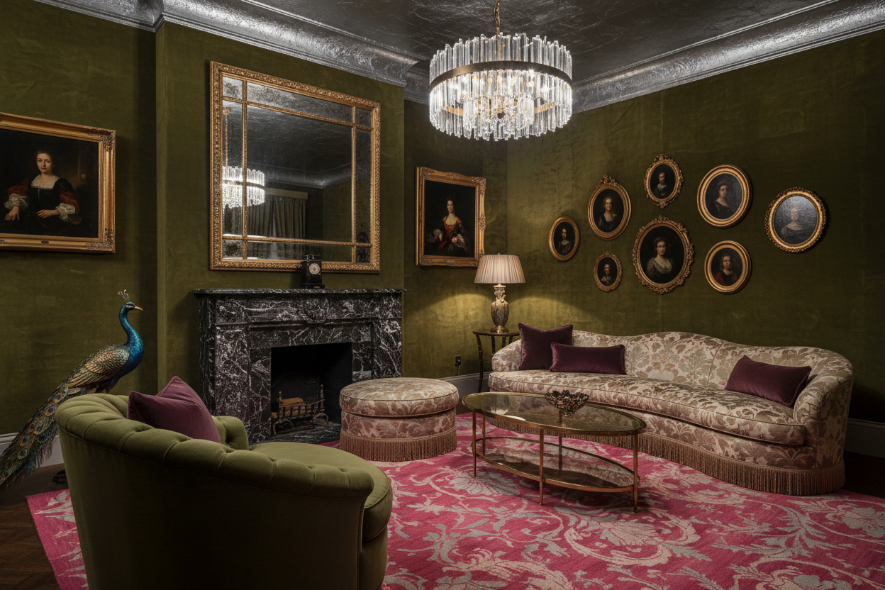 Luxurious living room with ornate decor, including red rug, a chandelier, portraits, and a peacock.