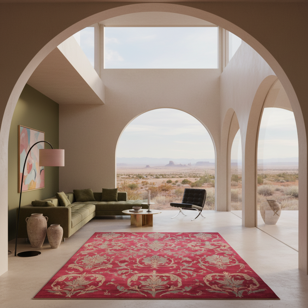 A large red area rug with an ornate beige damask pattern is displayed in a modern, high-ceilinged desert-style living room with arched windows looking out onto a desert landscape.
