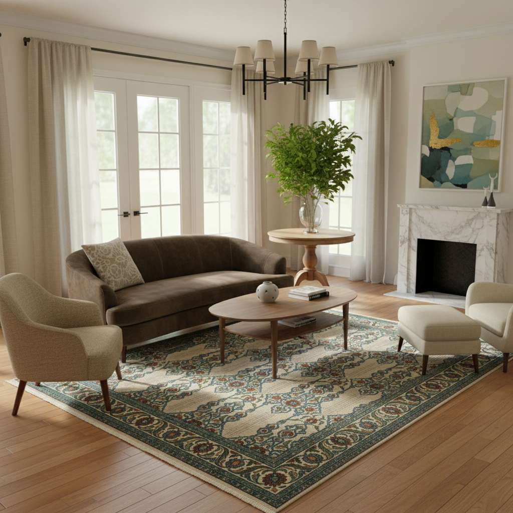 A styled living room interior featuring a brown curved sofa, two beige armchairs, a round wooden coffee table, a large patterned area rug, cream curtains, hardwood floors, and a white marble fireplace with abstract wall art.