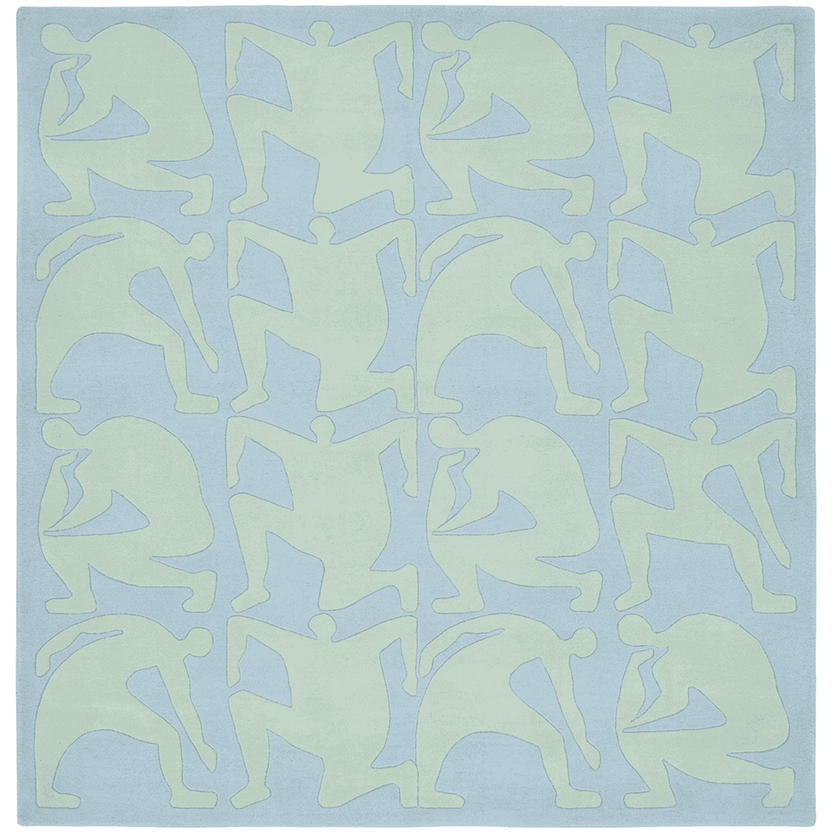 Pattern of abstract human figures on a light blue rug