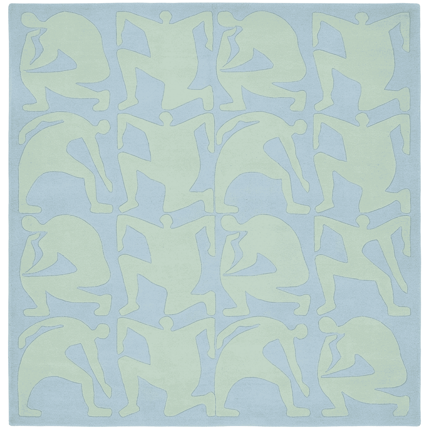 Pattern of abstract human figures on a light blue rug