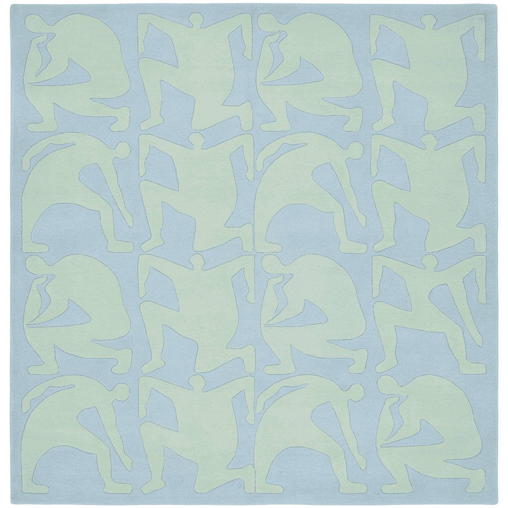 Pattern of abstract human figures on a light blue rug