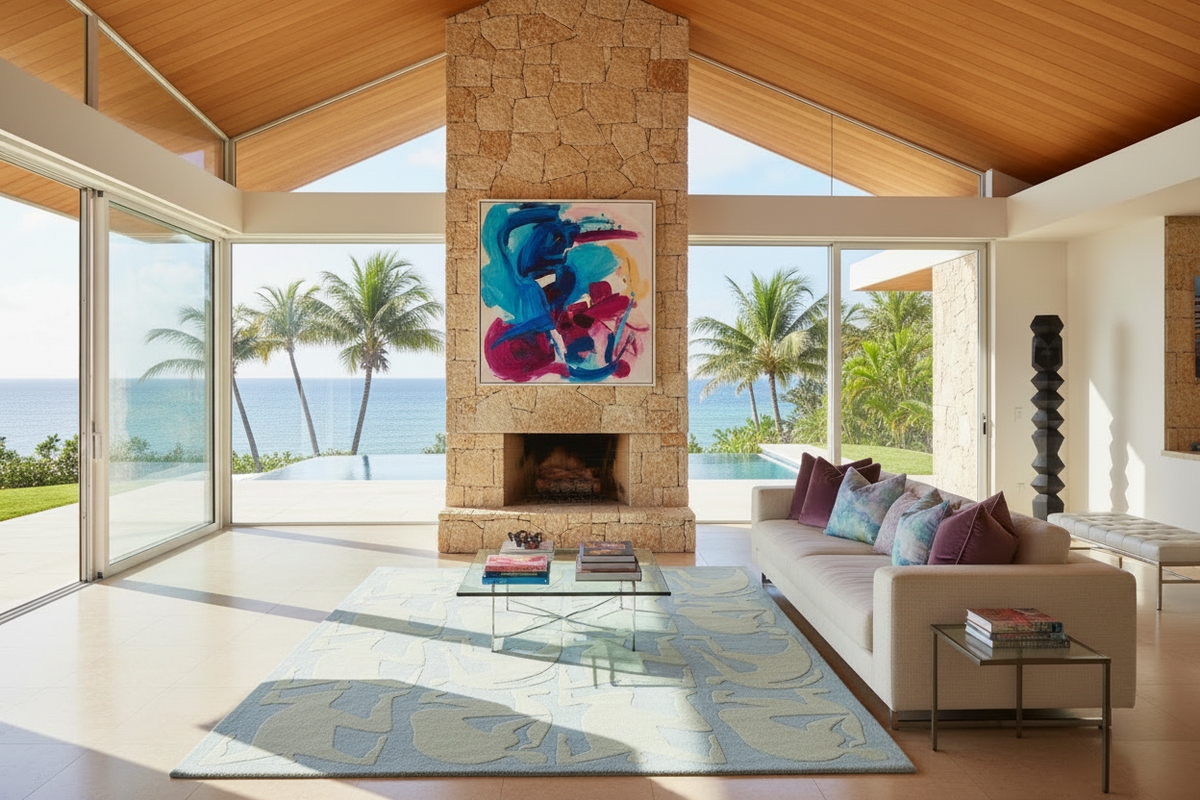 Modern living room with ocean view,  blue rug, fireplace, and colorful abstract painting.