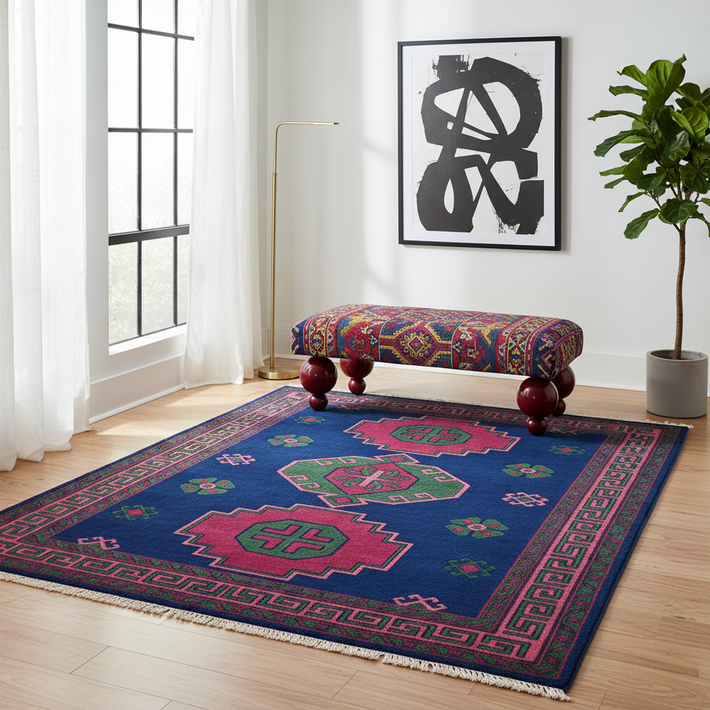 A colorful area rug with a deep blue base and geometric motifs in pink, green, and red, styled in a bright room with a matching patterned bench, a gold floor lamp, a potted plant, and a framed abstract print.