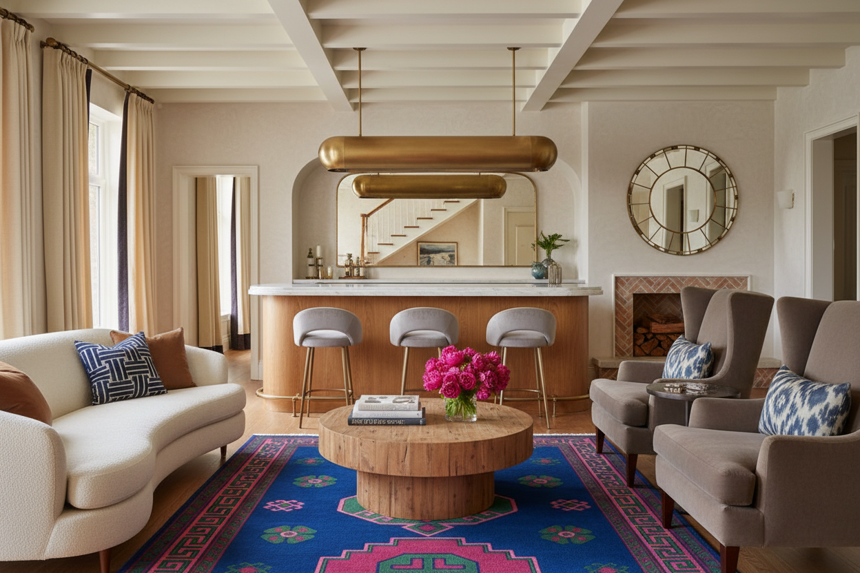 Modern living room with a blue rug, a bar area, chairs, and decorative elements.
