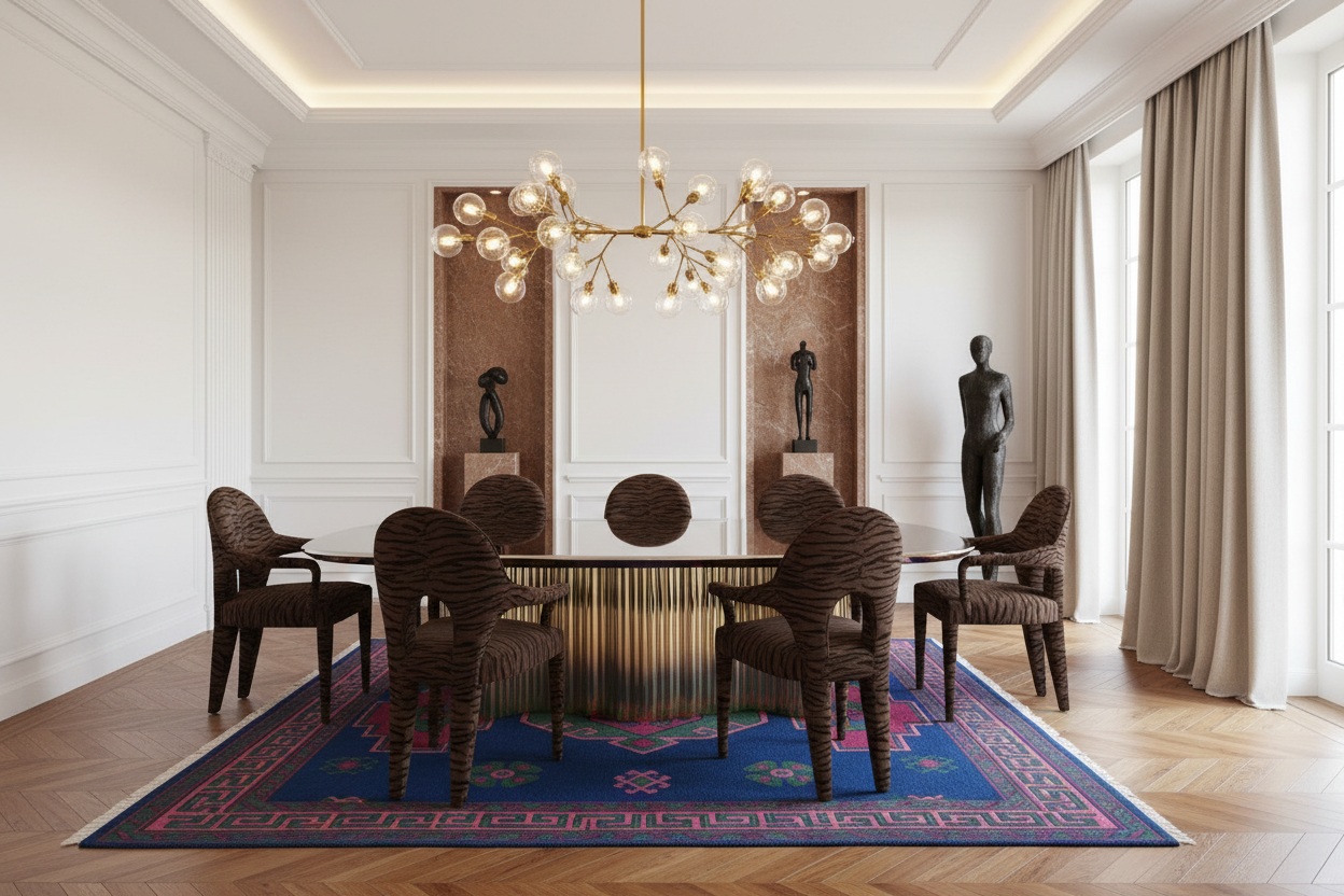 Elegant dining room with a chandelier, blue rug, table, chairs, and decorative elements.