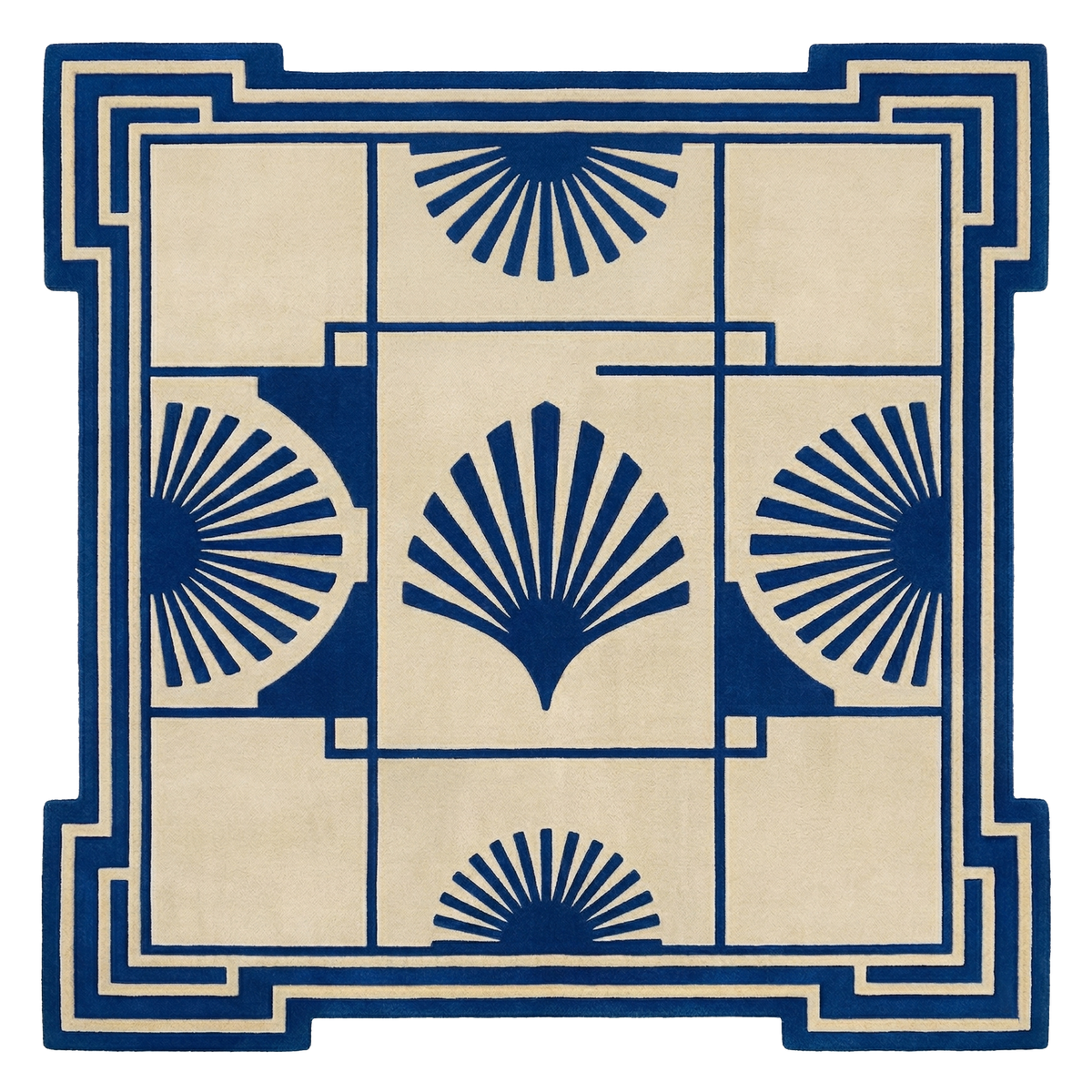 Indigo Deco Fan Square Hand Tufted Wool Rug 