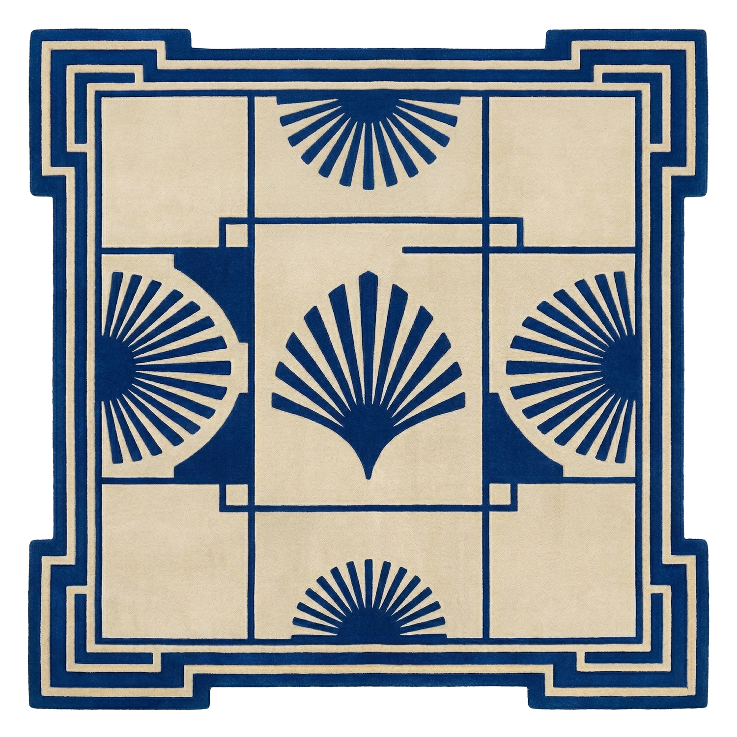 Indigo Deco Fan Square Hand Tufted Wool Rug 