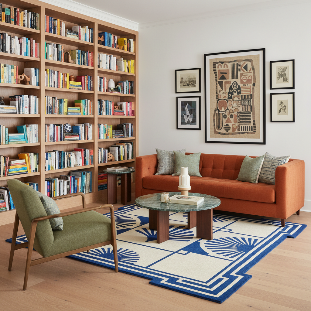 A styled living room corner featuring a large orange sofa, a green armchair, a blue and cream geometric area rug, a marble-top coffee table, and a tall built-in wooden bookshelf filled with books. Framed wall art hangs above the sofa on a white wall.