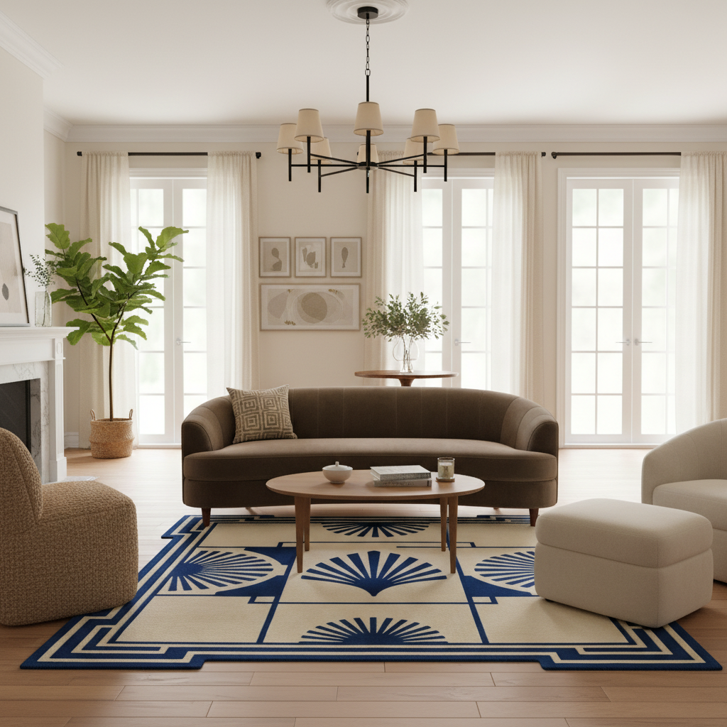 A styled living room interior featuring a brown curved sofa centered on a cream and navy patterned area rug, with a round wooden coffee table, beige armchair, white ottoman, large potted plant, and tall windows with sheer curtains in the background.
