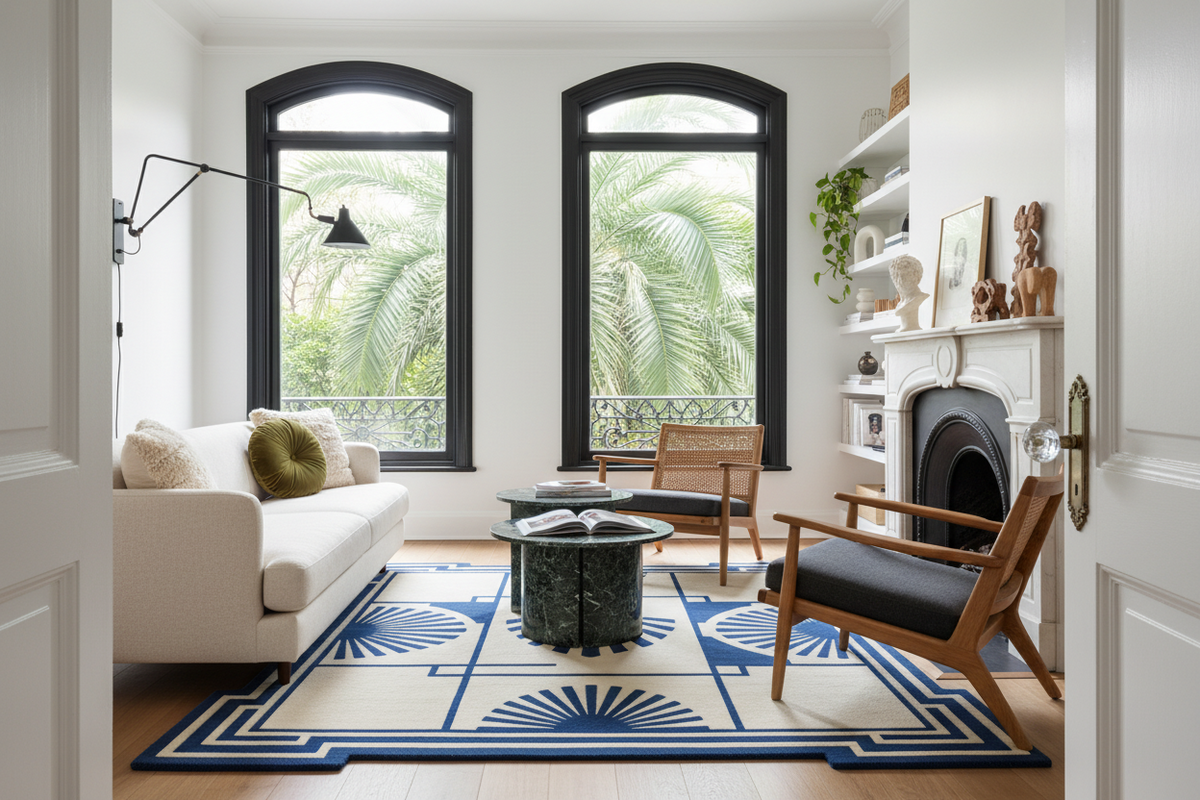 Living room with a blue and white blue art deco patterned rug, white sofa, wooden armchair, and large windows.