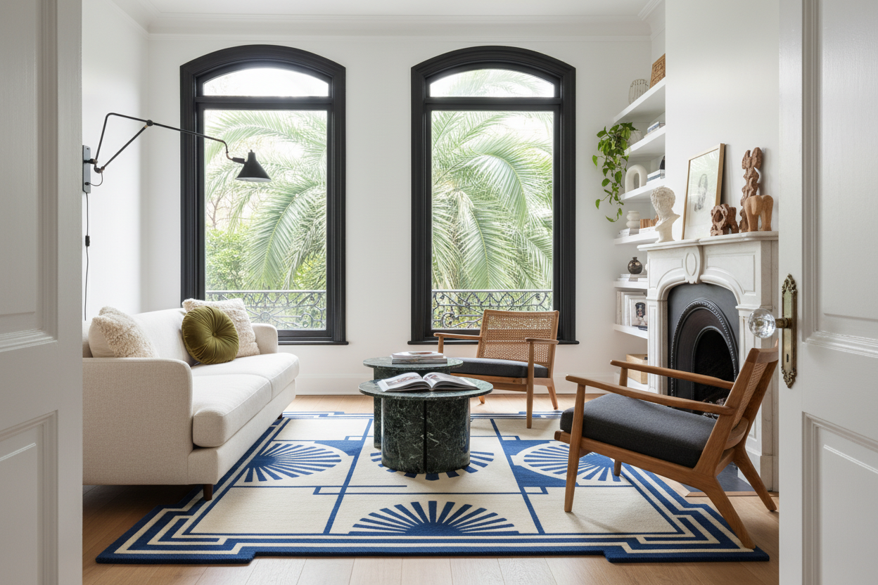 Living room with a blue and white blue art deco patterned rug, white sofa, wooden armchair, and large windows.
