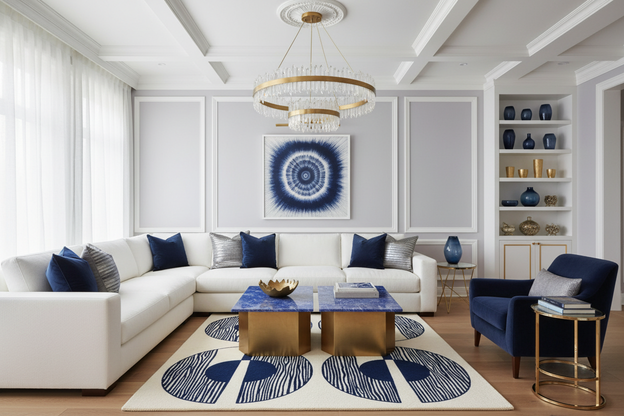 Modern living room with white sofa, blue accents, and decorative blue contemporay rug.