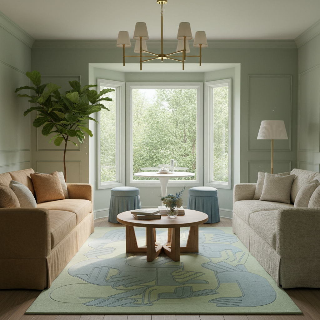 A beautifully styled living room featuring a large abstract-patterned area rug in sage green, light blue, and cream, flanked by two beige sofas and a round wooden coffee table. The room is decorated with a potted fiddle-leaf fig, a gold chandelier, and a bay window looking out onto a lush green garden.