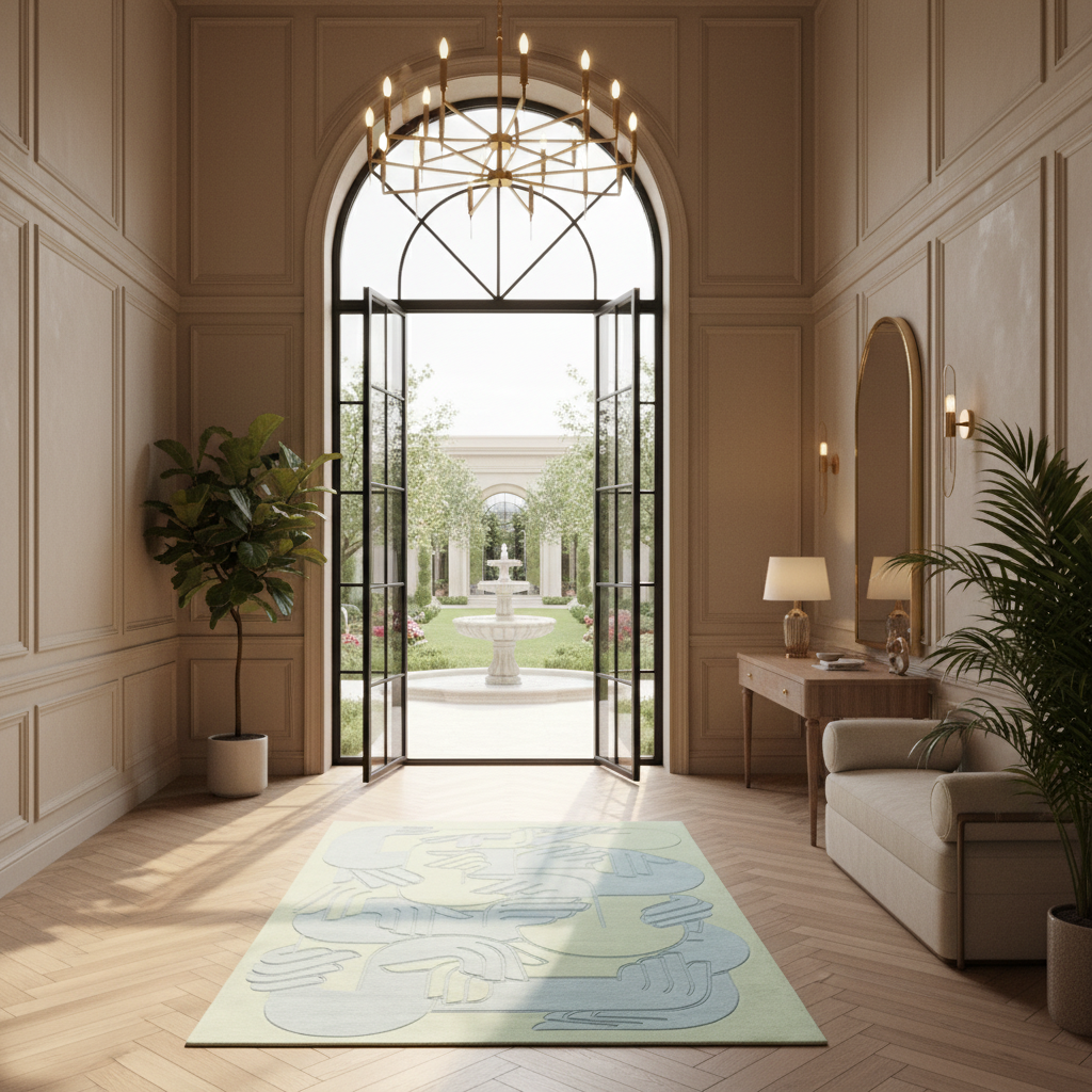 A large light green and blue abstract-patterned area rug lies on a herringbone wood floor in a grand, elegant interior hallway with beige walls, a chandelier, and an open arched doorway leading to a garden courtyard.
