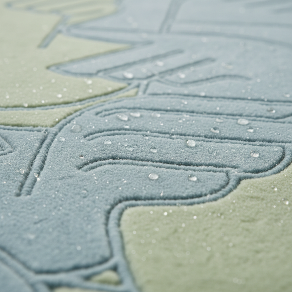 Close-up of a textured fabric surface with embossed leaf-like patterns in muted blue-gray and pale sage green, covered with small water droplets.