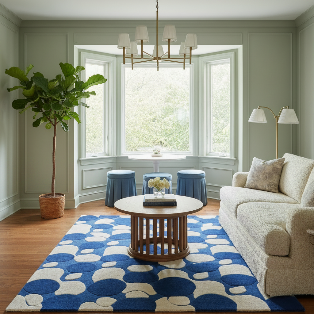 A beautifully styled living room featuring a large blue and cream patterned area rug, a round wooden coffee table, a tan slipcovered sofa on the left, and a textured cream bouclé sofa on the right. The room is decorated with sage green walls, a bay window, a brass chandelier, and a potted fiddle-leaf fig plant.