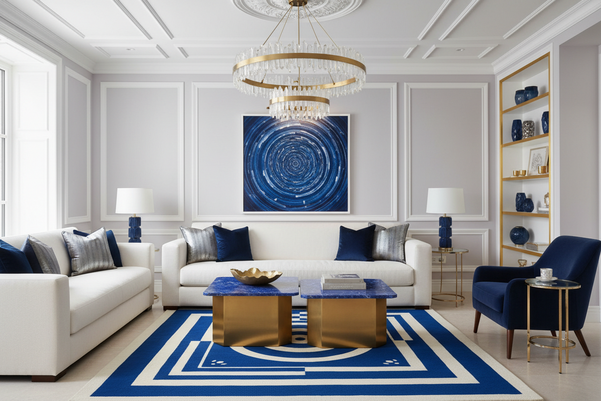 Modern living room with white sofa, blue accent chair, and decorative blue rug.