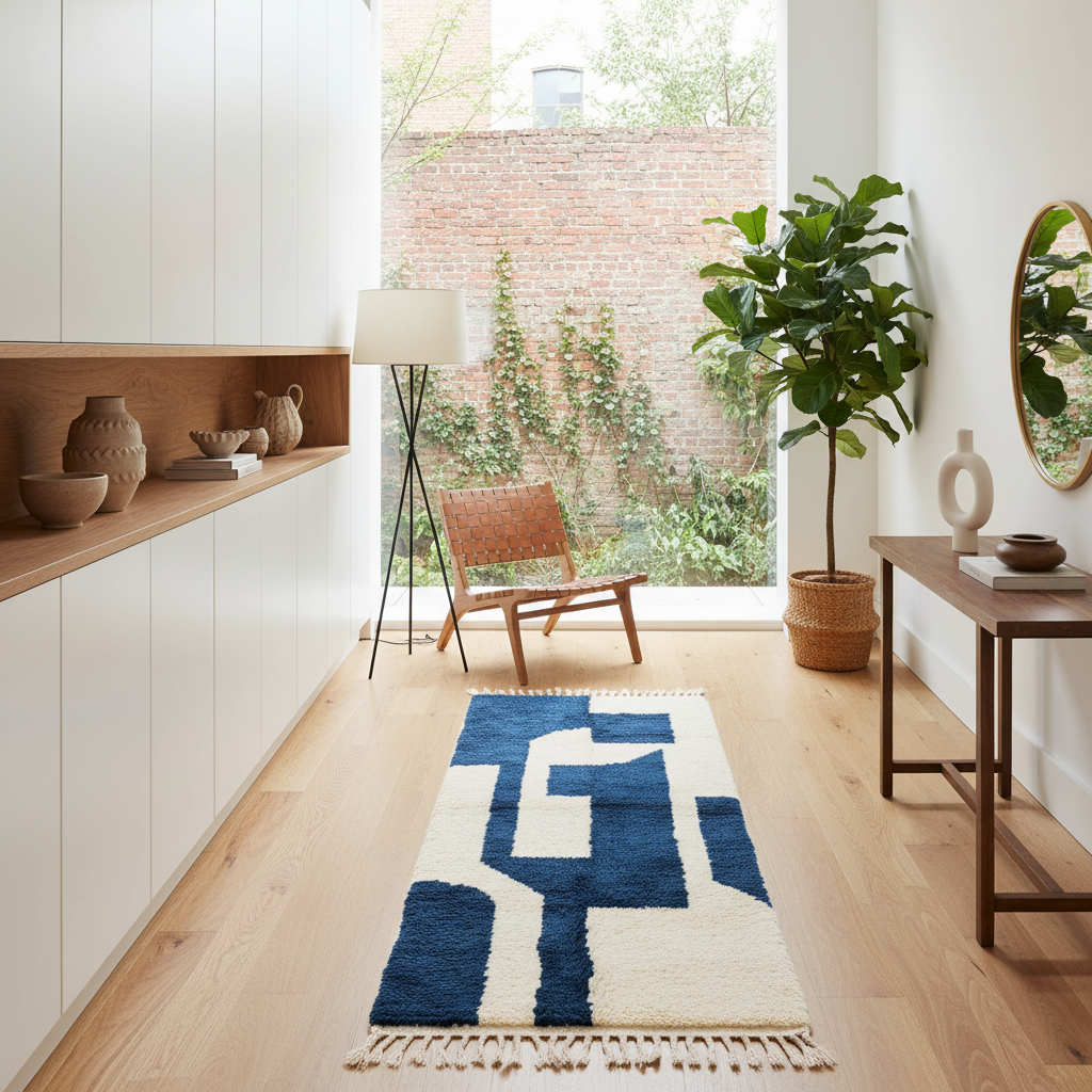 A modern geometric area rug with navy blue and cream sections and fringe, styled on a light wood floor in a bright, contemporary room with a window, chair, and plants.