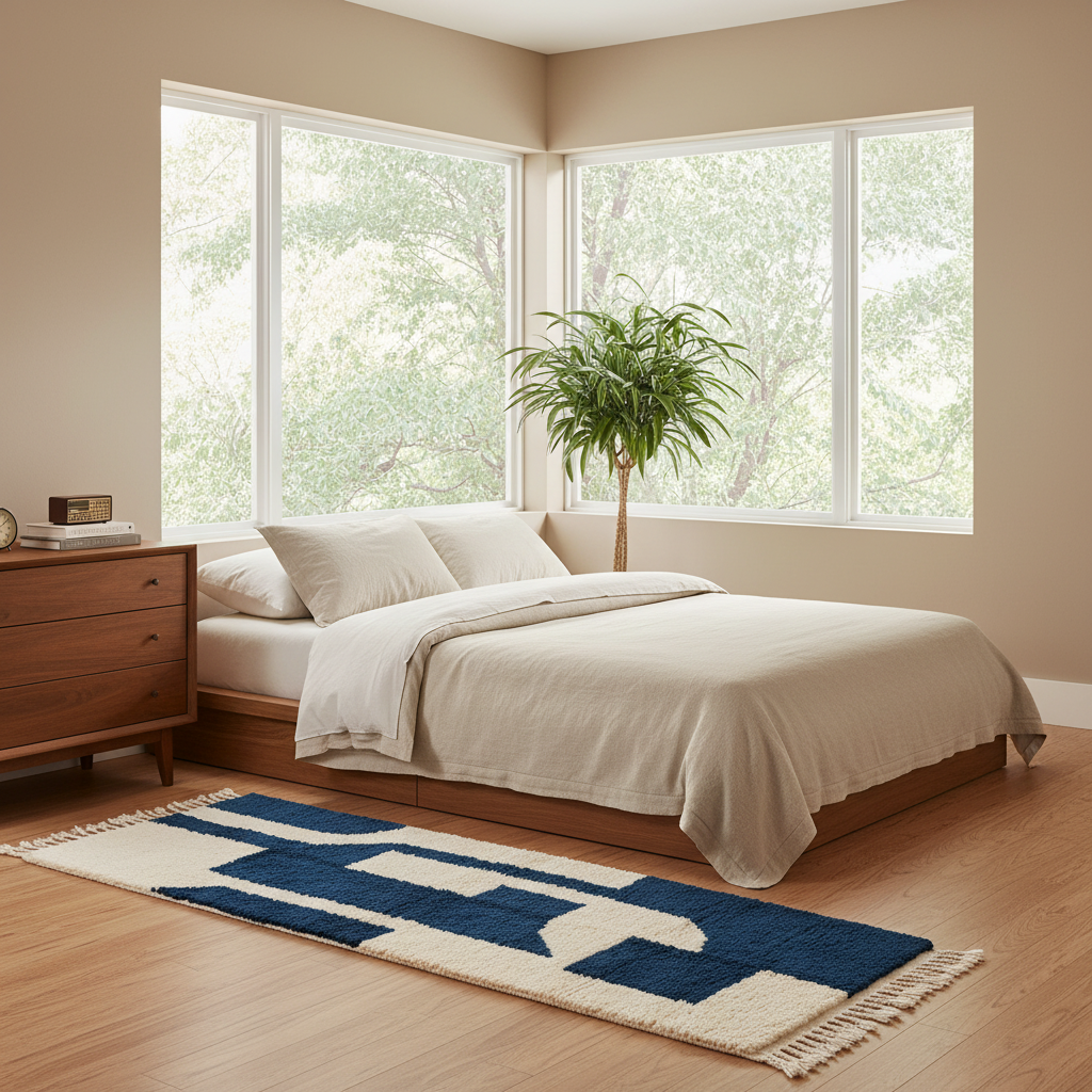 A styled bedroom corner with a bed dressed in cream bedding, a wooden nightstand, a potted plant, and a blue-and-cream patterned rug on a wood floor, with large windows showing outdoor greenery.