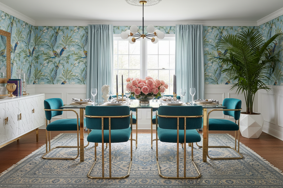 Elegant dining room with teal chairs, gold table, blue rug, and floral centerpiece.