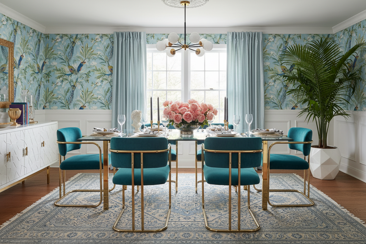 Elegant dining room with teal chairs, gold table, blue rug, and floral centerpiece.
