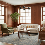 A styled living room interior with warm wood-paneled walls, a cream sofa, a green plaid armchair, a round wooden coffee table, a blue patterned area rug, and a tall potted plant.