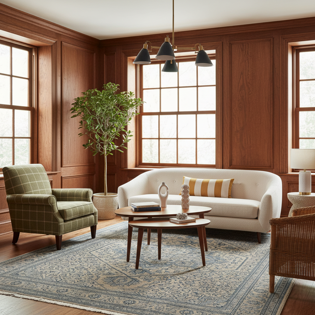 A styled living room interior with warm wood-paneled walls, a cream sofa, a green plaid armchair, a round wooden coffee table, a blue patterned area rug, and a tall potted plant.