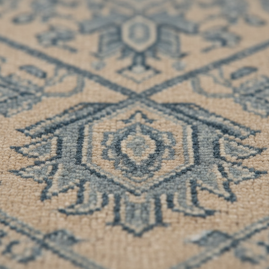Close-up of a woven rug with a beige base and a muted blue-gray geometric medallion pattern.