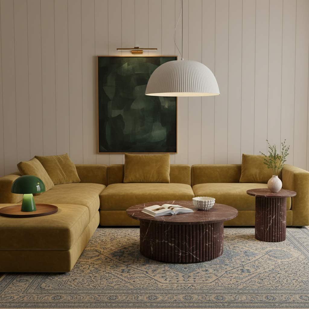 A modern living room featuring a large mustard yellow sectional sofa with matching pillows, styled with a round marble coffee table, a side table, a green table lamp, and a patterned rug against a beige paneled wall.