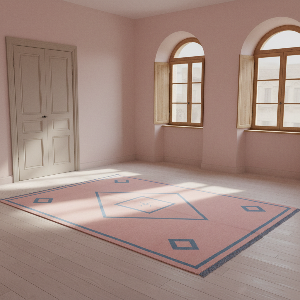 A large rectangular area rug with a pink base, blue geometric border and diamond motifs, and dark fringe, shown in a sunlit room with pale pink walls, light wood floors, and two arched windows.