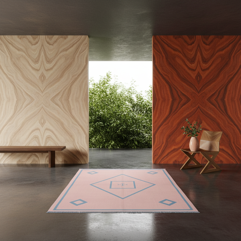 A rectangular area rug with a light pink base, blue geometric diamond patterns, and white fringe, displayed in a modern minimalist interior with wood-paneled walls and a concrete floor.