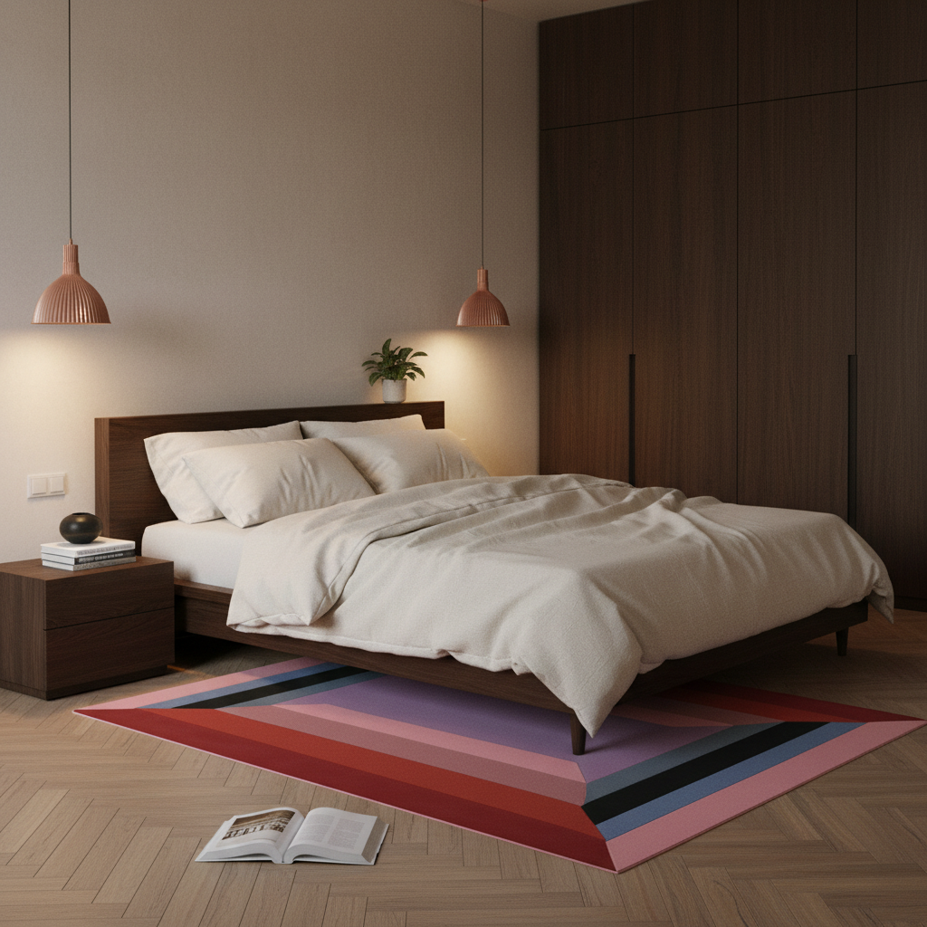 A modern bedroom scene with a bed dressed in white bedding, a dark wood headboard and nightstand, a large dark wood wardrobe, two pendant lights, a colorful striped rug, and an open book on a herringbone wood floor.