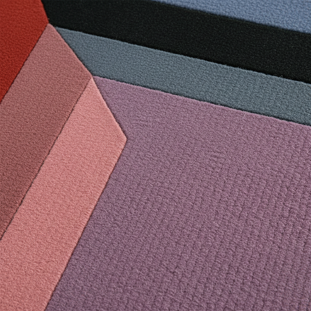 A close-up of textured fabric or carpet samples arranged in geometric color blocks, including dusty purple, muted pink, slate blue, black, and a small red section.