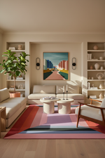 Modern living room with a colorful abstract painting, rug, and furniture.