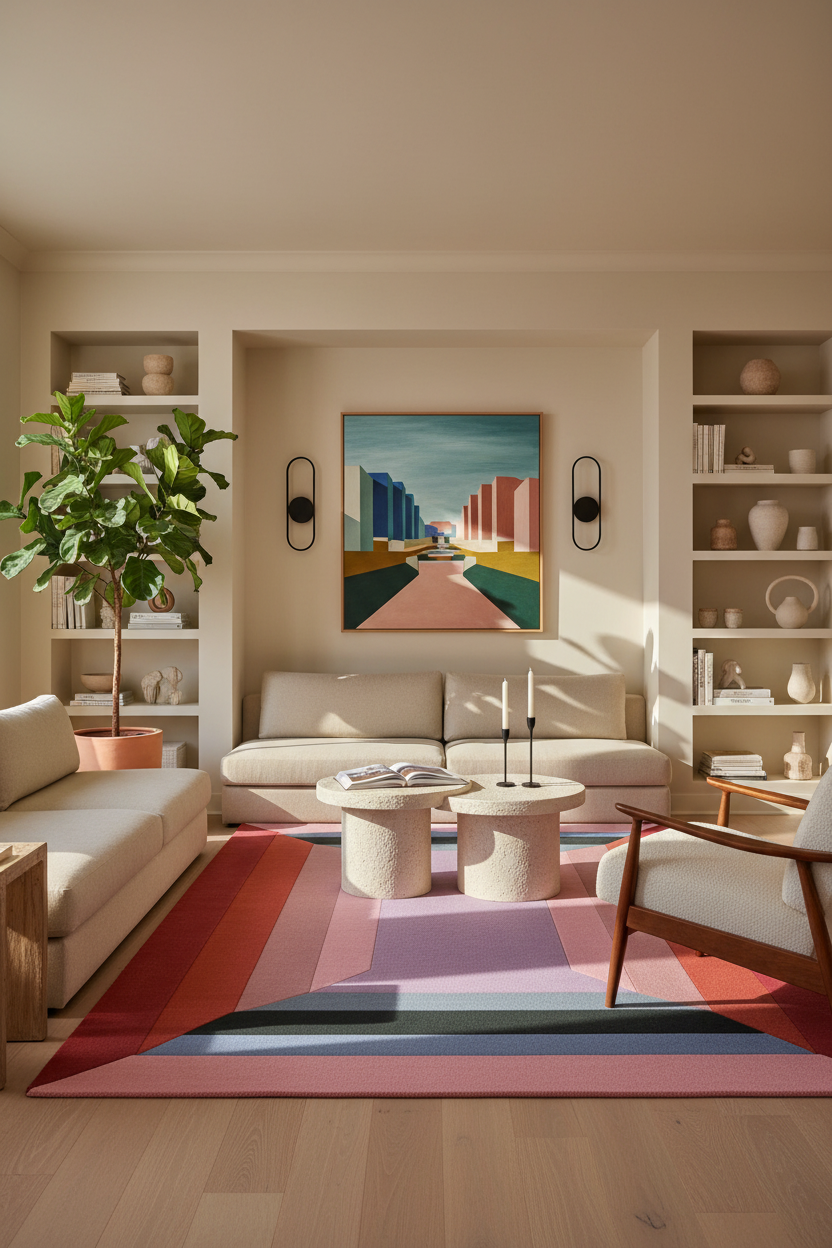 Modern living room with a colorful abstract painting, rug, and furniture.